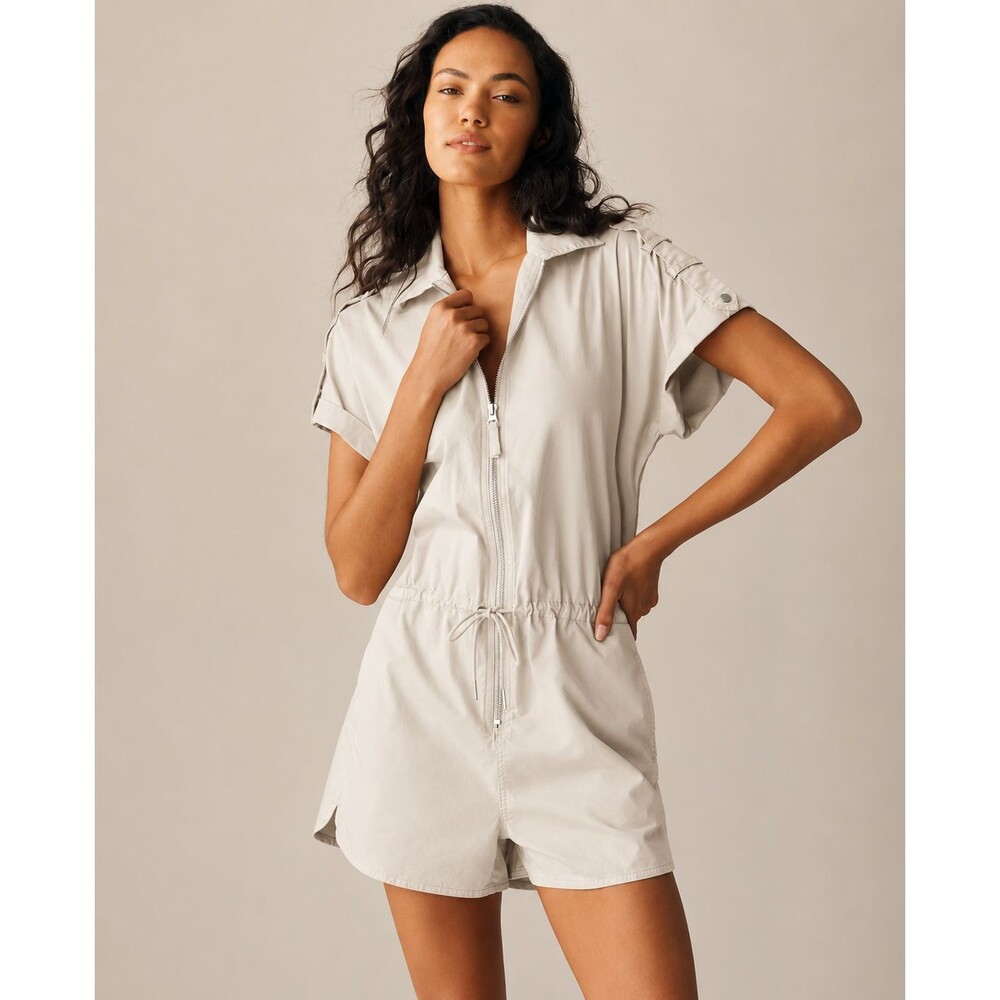 Pistola Meg Zip Front Utility Romper Drawstring Waist Epaulets Cotton Tan M